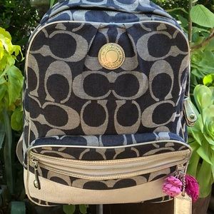 Coach Denim Signature Poppy Backpack F19691 Denim & Metallic Silver Stripe.